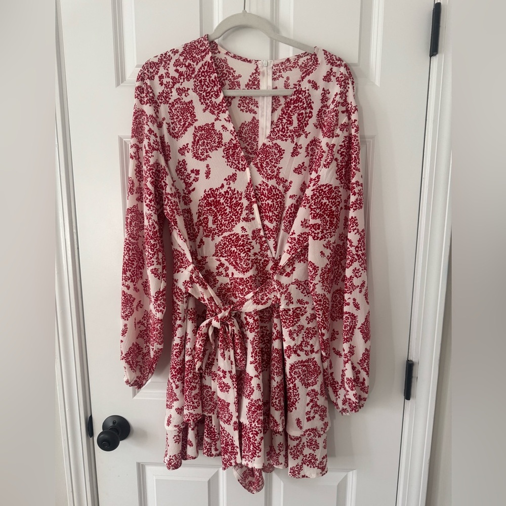 Red and white print belted wrap romper